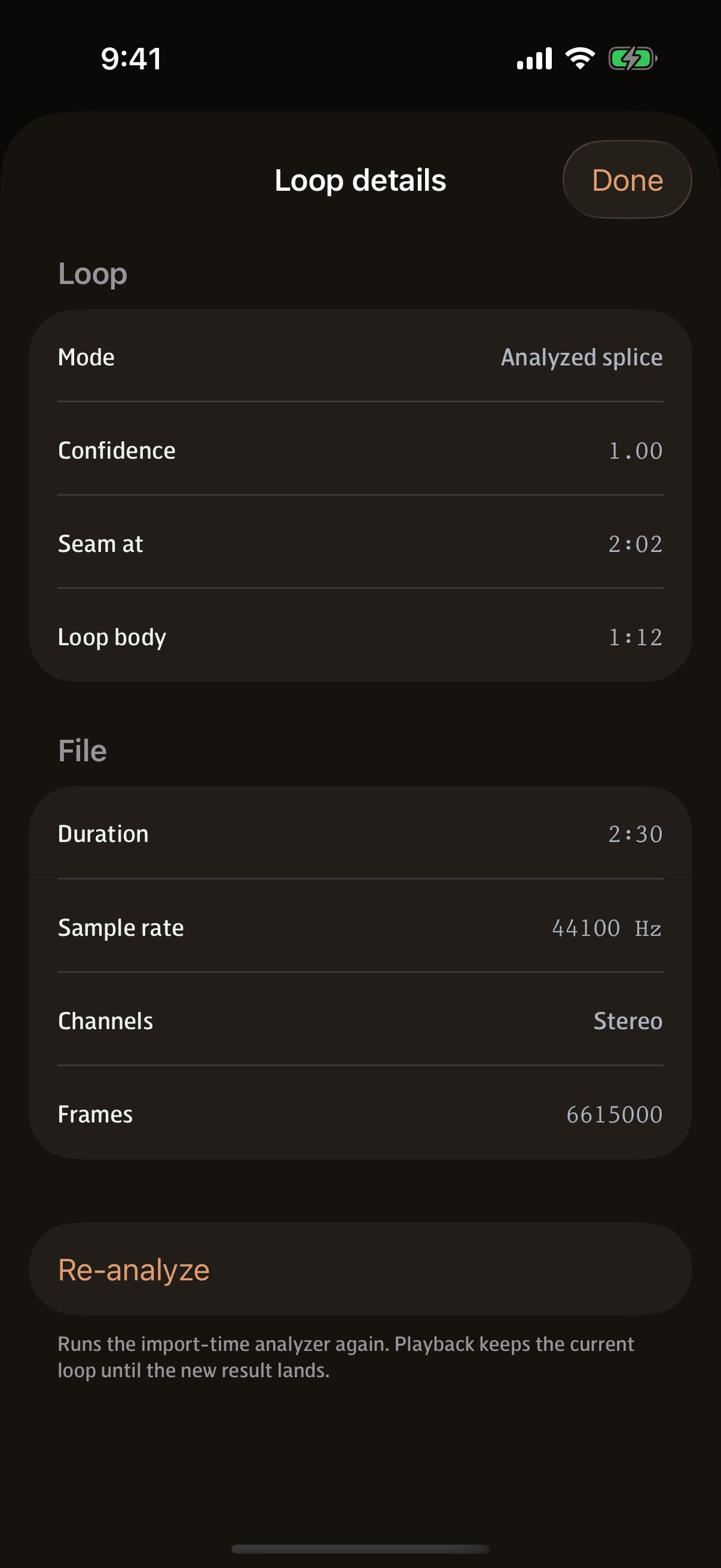 The loop details inspector showing the analyzer's verdict, its confidence value, and a re-analyze control.