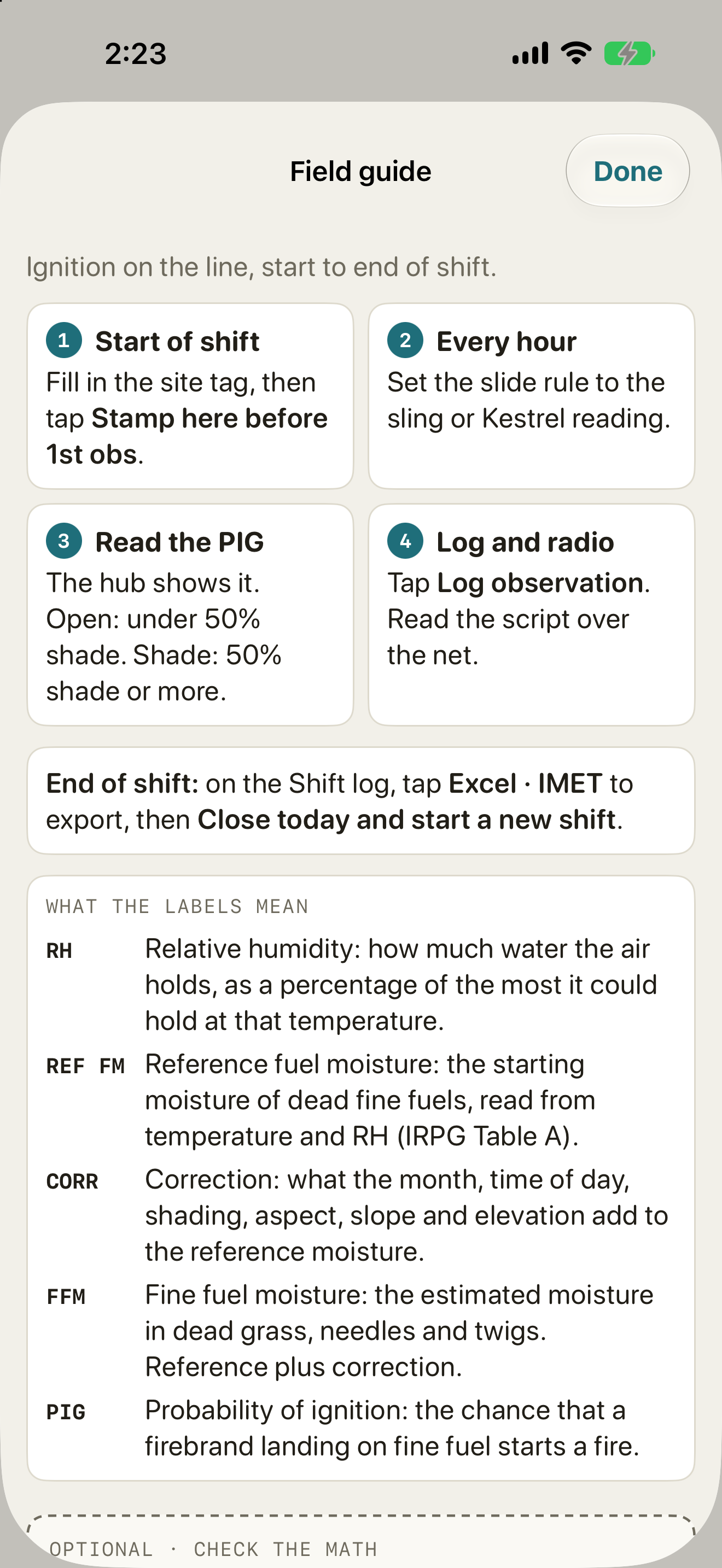 The field guide: start of shift, every hour, read the PIG, log and radio, then what RH, REF FM, CORR, FFM, and PIG mean.