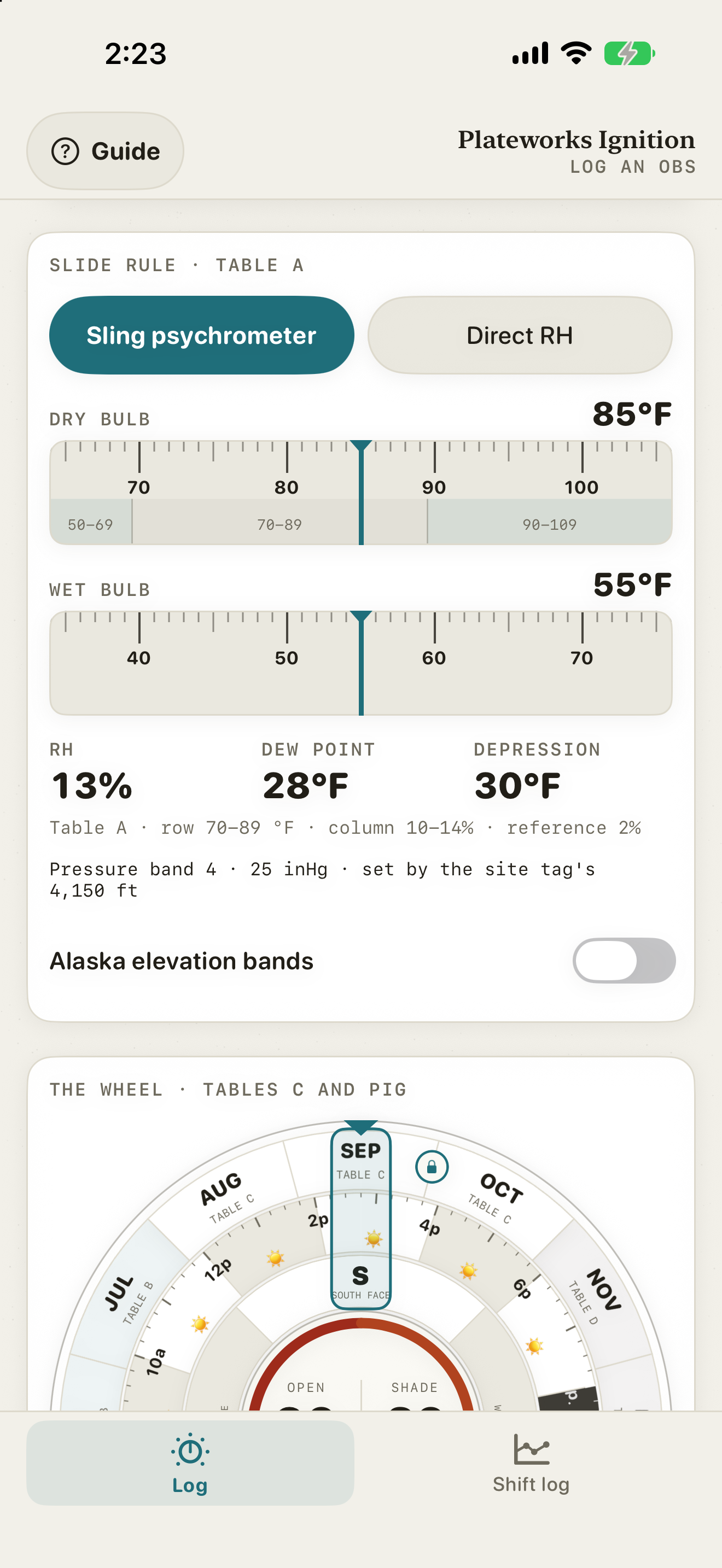 The iPhone slide rule in sling mode: 85 °F dry bulb and 55 °F wet bulb give 13% RH, dew point 28 °F, and a 30 °F depression, at pressure band 4 (25 inHg) set by the site's 4,150 ft.