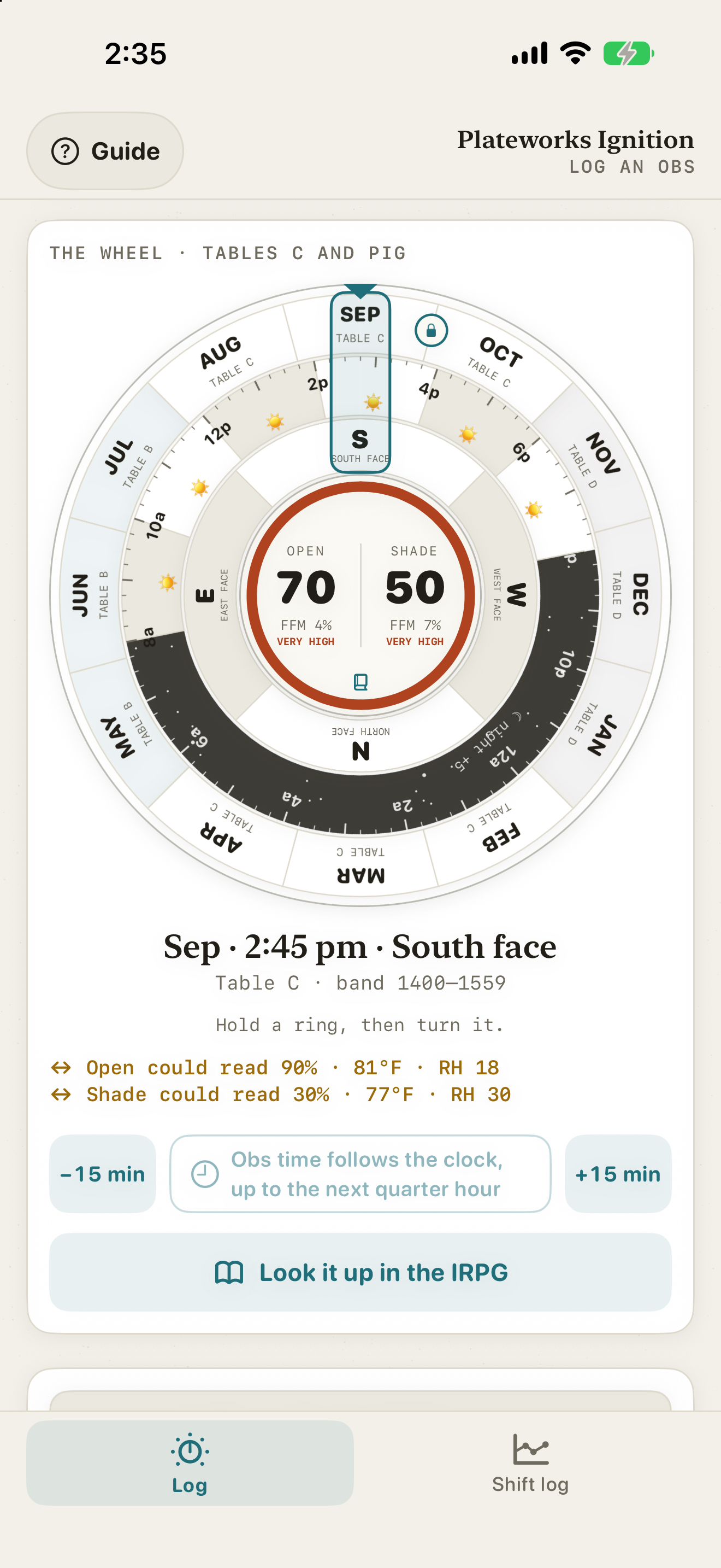 The wheel at 79 °F and 21% RH: PIG 70 open and 50 shade. Two amber lines say open could read 90% at 81 °F and RH 18, and shade could read 30% at 77 °F and RH 30.