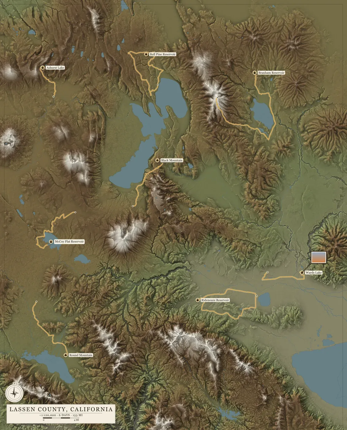A poster of Lassen County, California, in relief: six trips drawn over the terrain.