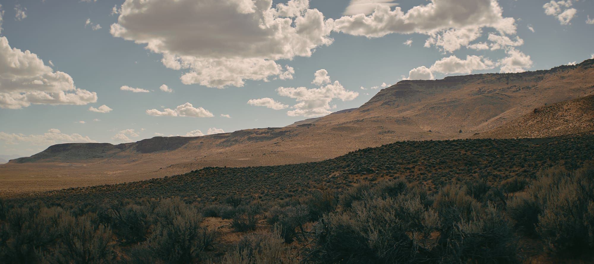 Sagebrush in the foreground below long, flat-topped desert ridges under scattered white clouds.