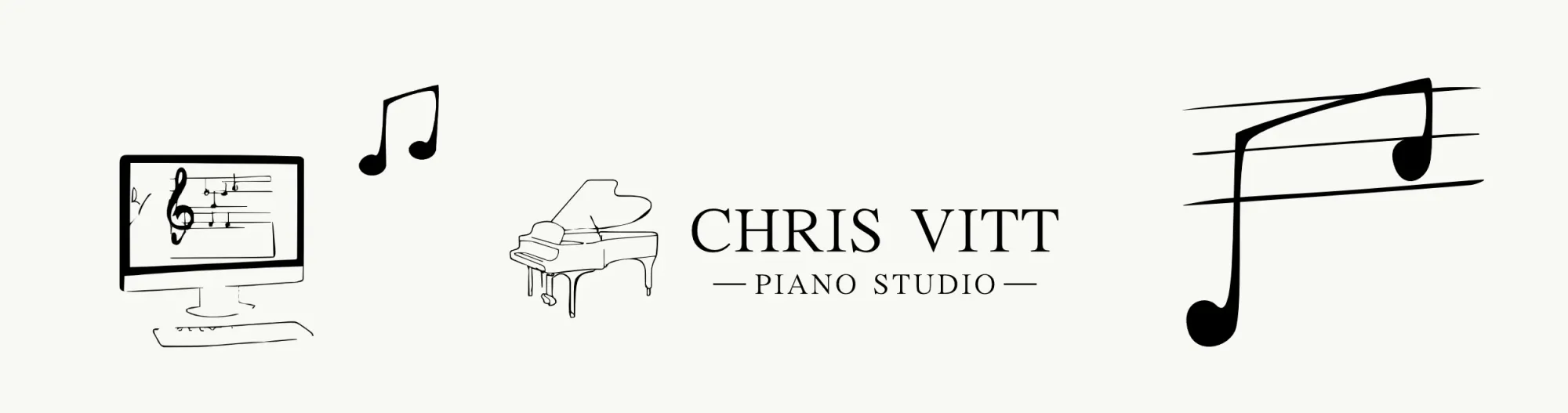 Chris Vitt Piano Studio logo and music symbols. Logo is a grand piano with "Chris Vitt Piano Studio" written beside it.
