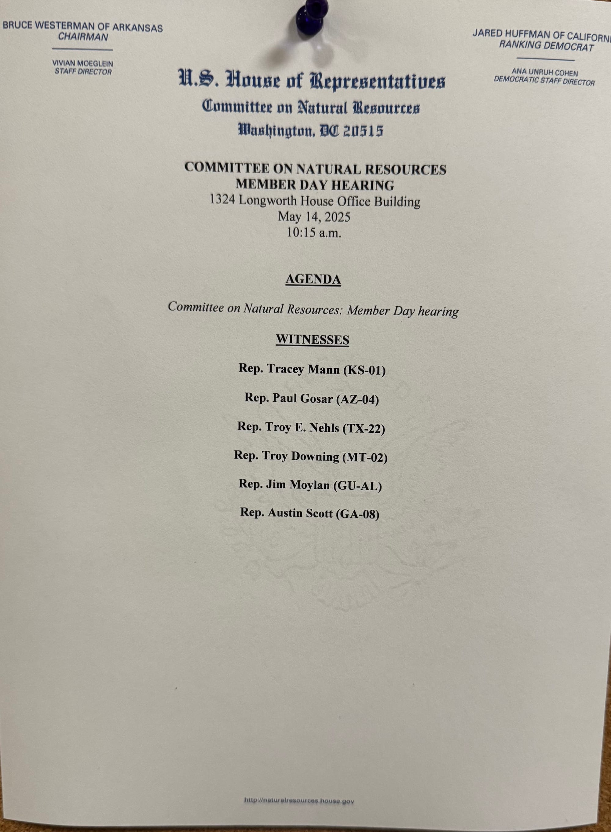 Text: WITNESSES: Rep. Tracey Mann (KS-01) Rep. Paul Gosar (AZ-04) Rep. Troy E. Nehls (TX-22) Rep. Troy Downing (MT-02) Rep. Jim Moylan (GU-AL) Rep. Austin Scott (GA-08)