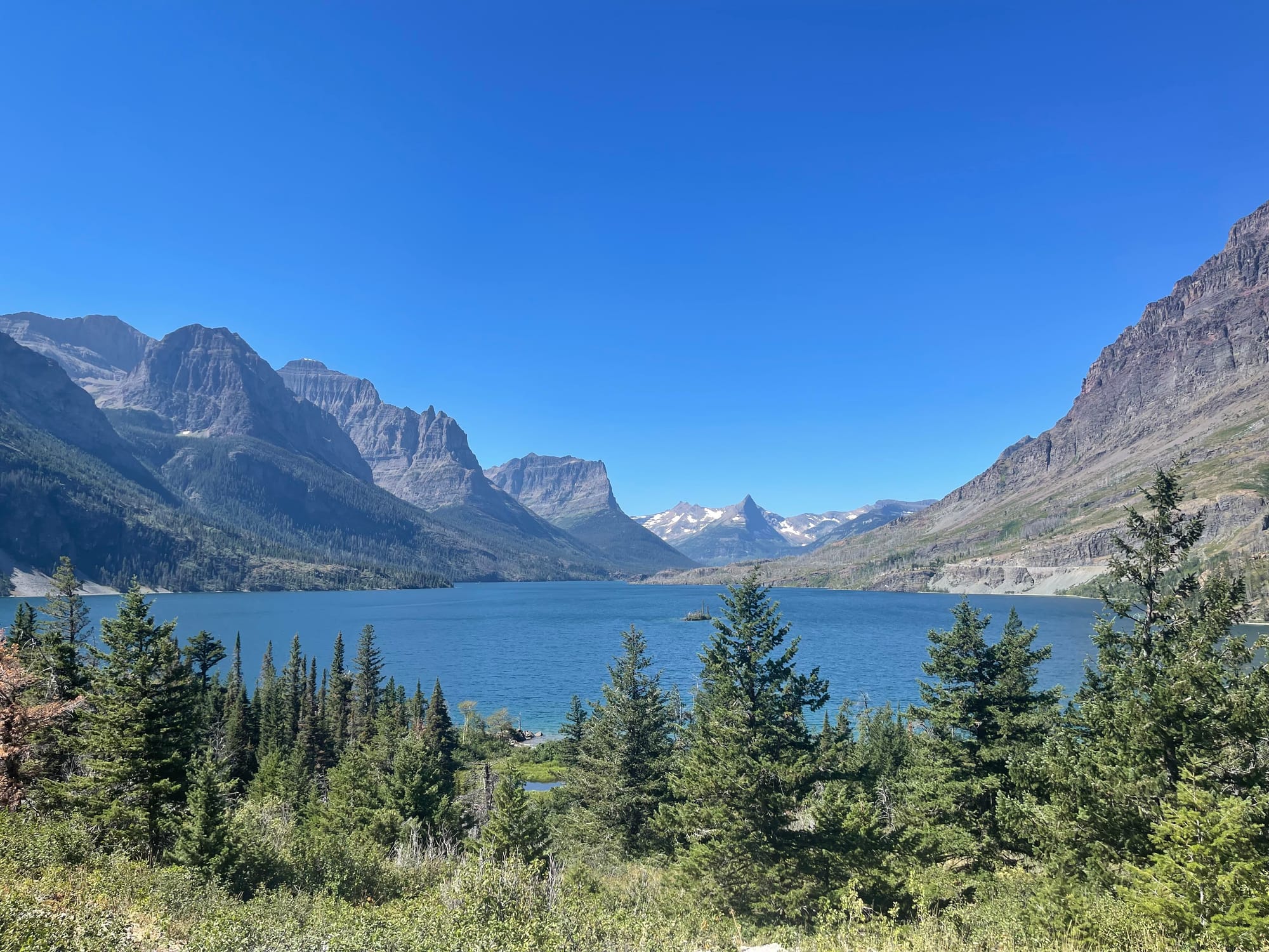 A lake surrounded by rugged, rocky mountains under blue skies and with a few spruce or fir trees in the foreground.