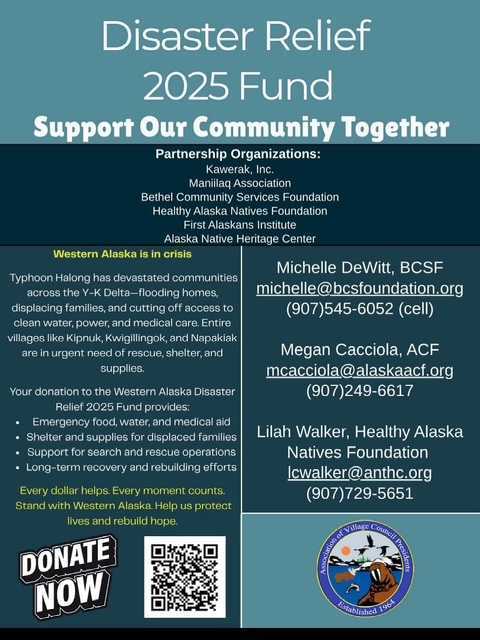 A poster describing where and how to send support for the Western Alaska Disaster, with a scannable QR code; you may also visit https://alaskacf.fcsuite.com/erp/donate/create/fund?funit_id=14833