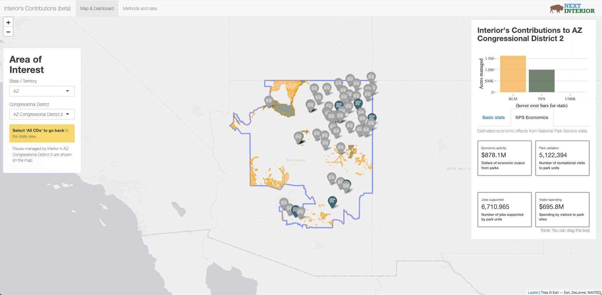 A map showing the southwestern US with the Arizona 2nd congressional district highlighted and a variety of pins and areas highlights. There are sidebars with data selectors and graphs showing data.