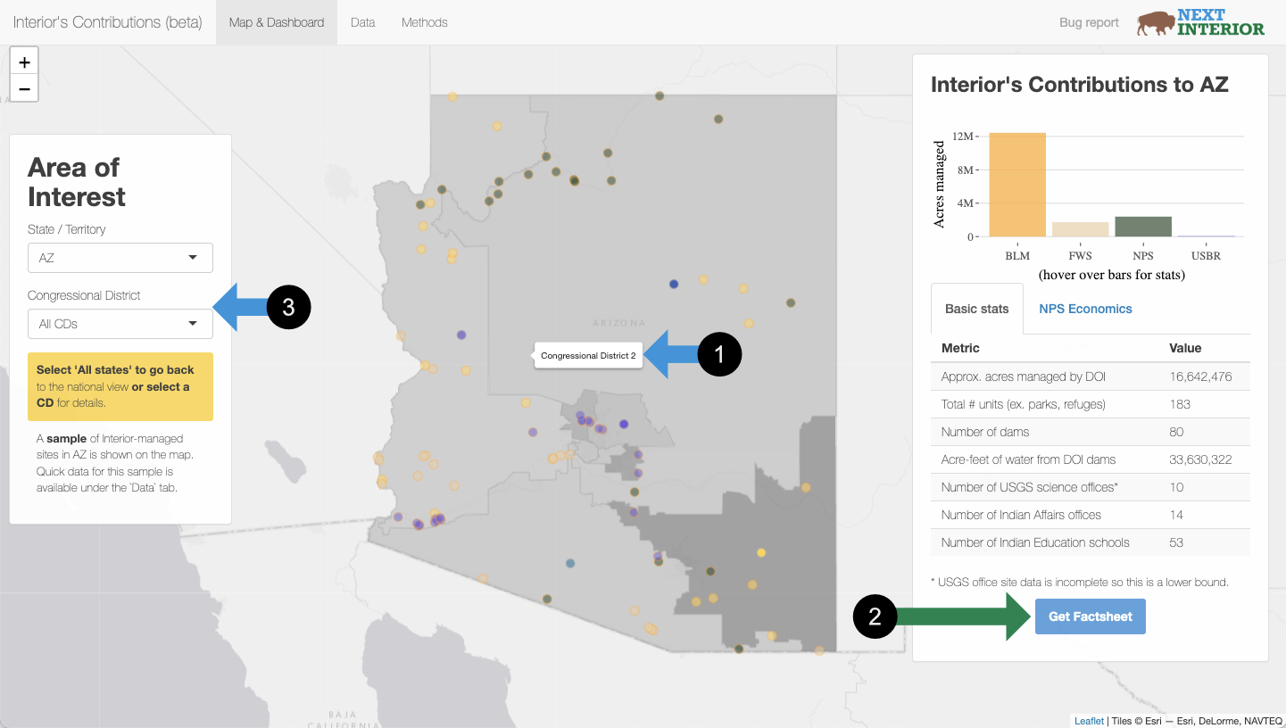 A map-based app with data selectors, data summaries, and a few other elements highlighted.