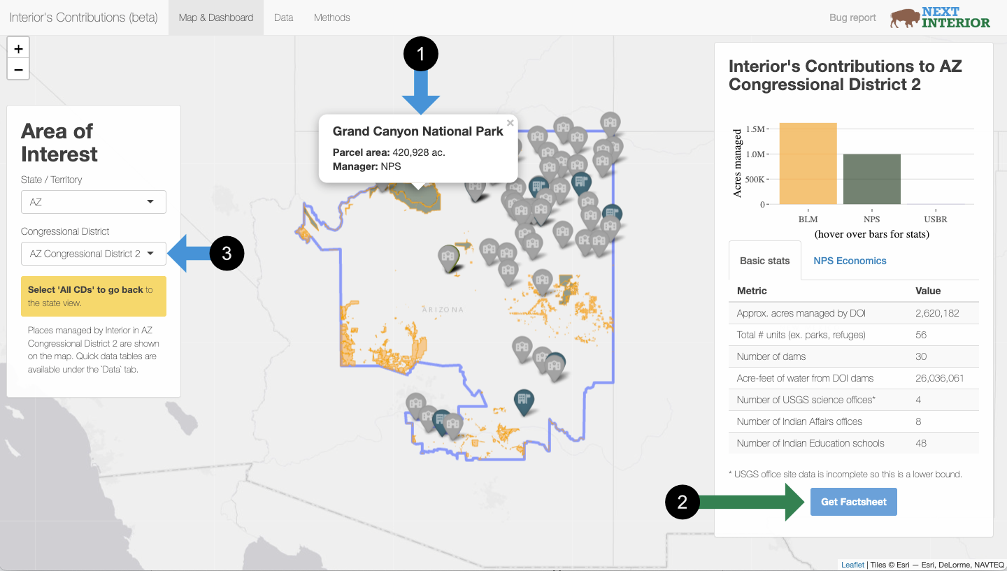 A map-based app with data selectors, data summaries, and a few other elements highlighted.