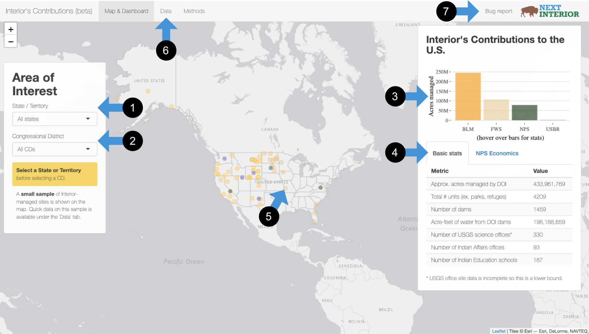 A map-based app with data selectors, data summaries, and a few other elements highlighted.
