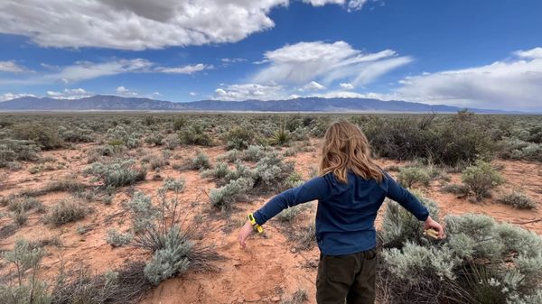 A girl stands in a desert grassland with mountains in the distance and partly cloudy skies overhead.