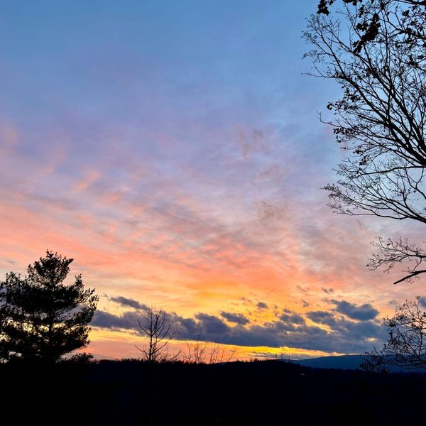 A glowing yellow, pink, orange, purple, and blue sunset with a few trees and mountains.
