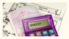 The words "Baukosten" on calculator display, Euro bills and building plan in the background