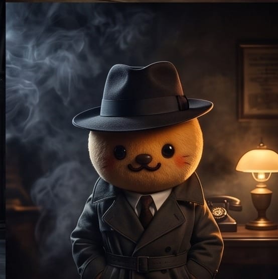 Otto as a detective in a hat and coat, reviewing the plan