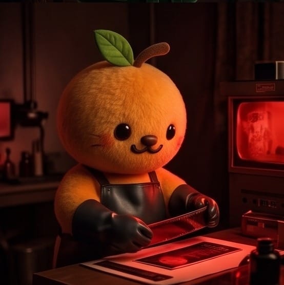 Otto working at an editing desk under red light, the system running on its own