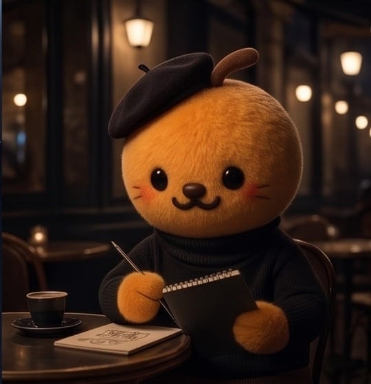 Otto in a beret, writing in a notebook at a café table, growing the system over time