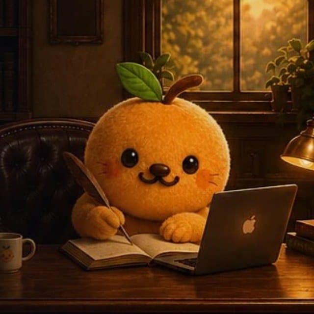Otto, the Apricotter mascot, working at his writing desk in a wood-paneled study