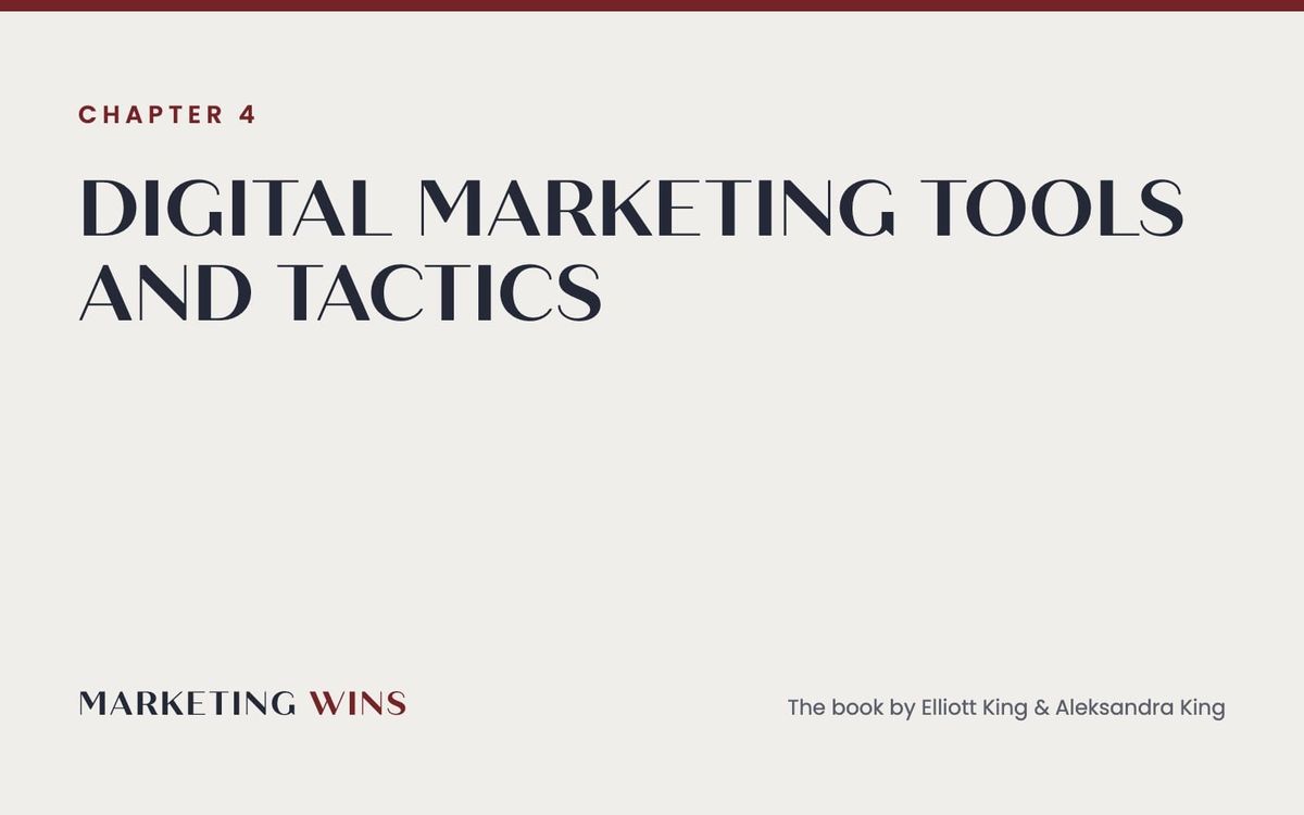 Marketing Wins chapter 4 overview card: digital marketing tools and tactics across the awareness to retention funnel