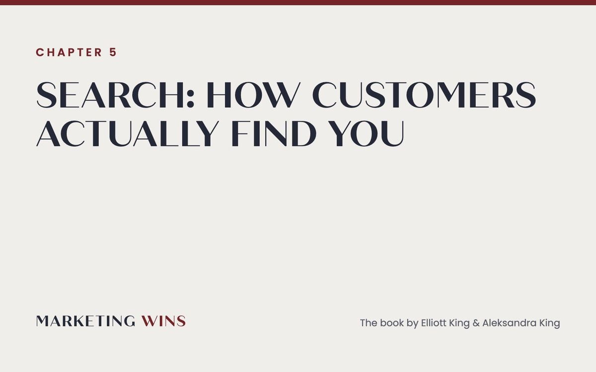 Typographic Marketing Wins chapter card for Chapter 5, Search: how customers actually find you