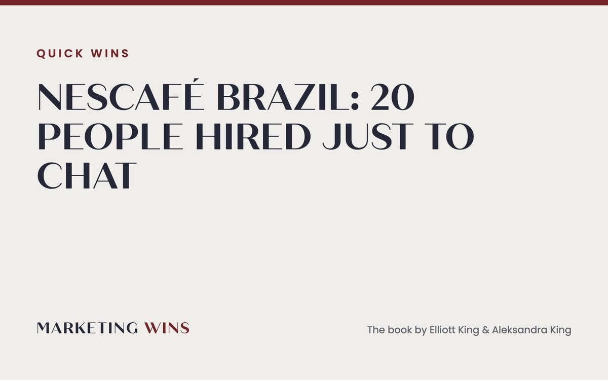 Marketing Wins Quick Wins card for the Nescafé Brazil social media case study: 20 people hired just to chat