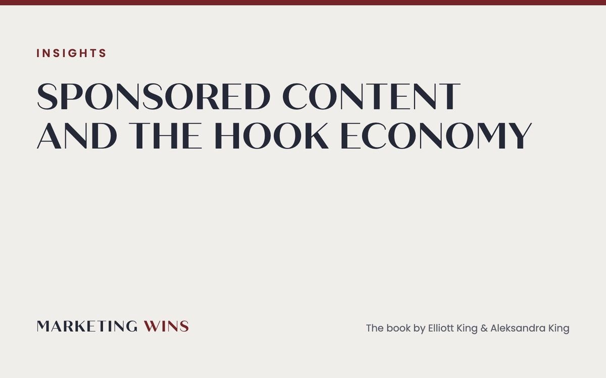 Typographic Marketing Wins card for the evolution of sponsored content and the short-form hook economy