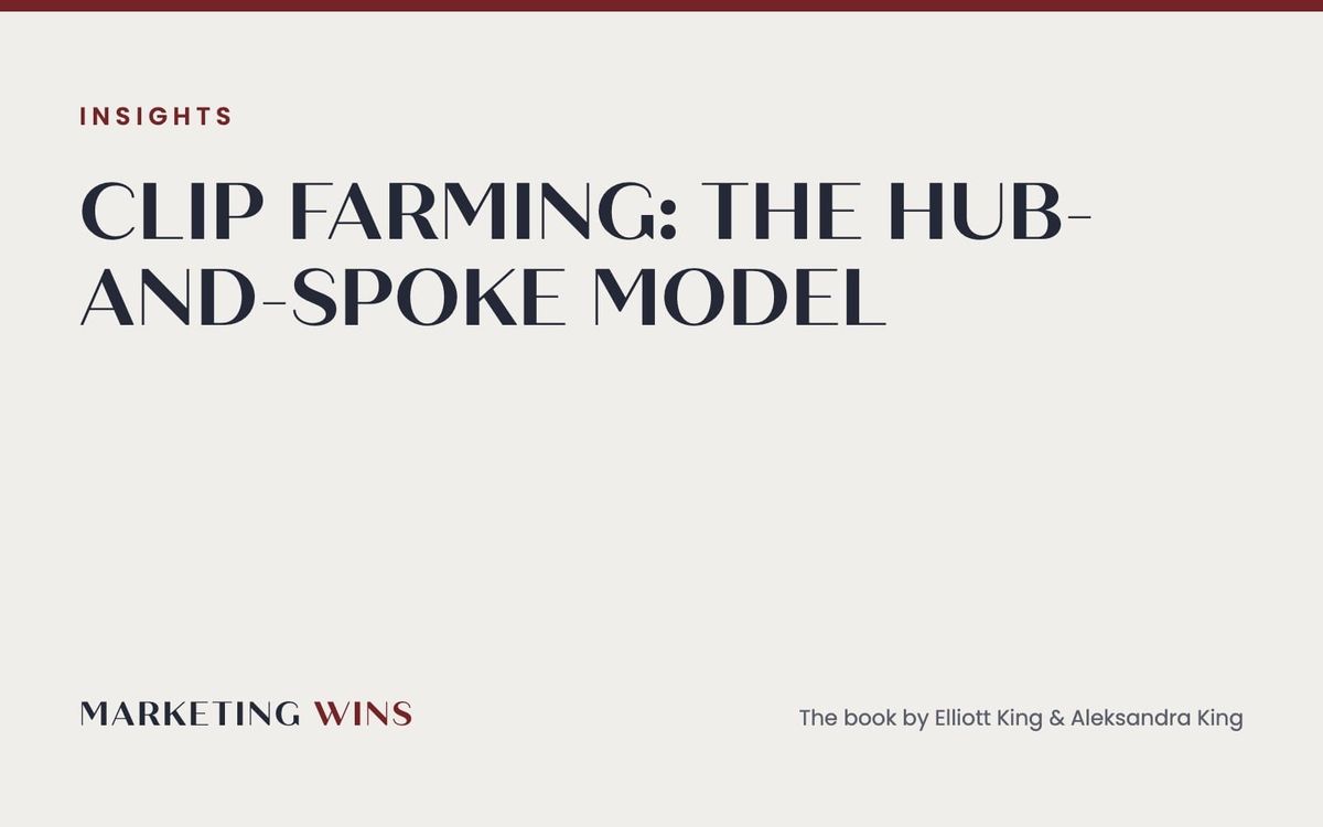 Clip farming illustration: one long-form podcast hub broken into short-form social media clip spokes