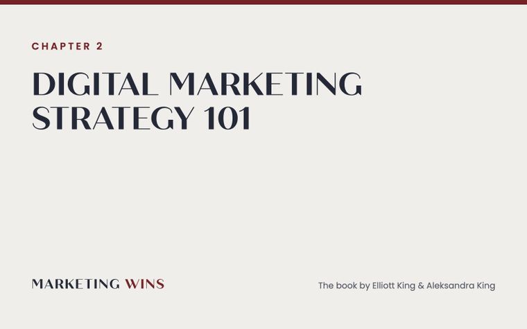 Marketing Wins book chapter two overview card: Digital Marketing Strategy 101, the funnel from awareness to retention