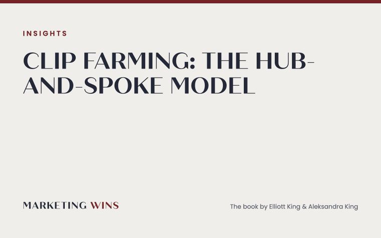Clip farming illustration: one long-form podcast hub broken into short-form social media clip spokes
