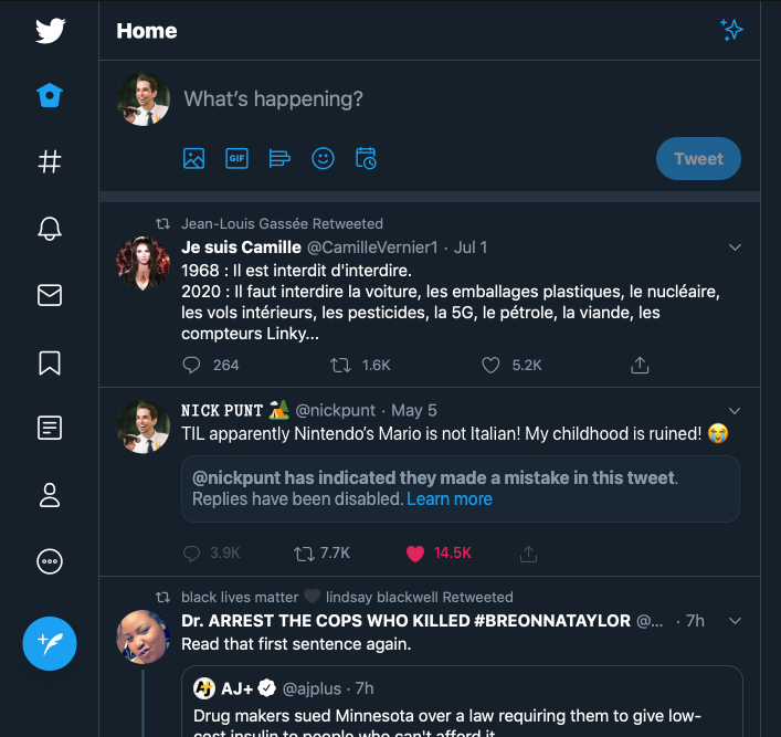 This image shows a twitter home feed that contains a corrected version of the prior 'Mario is not Italian' tweet, along with the info box saying the user had made a mistake. In this circumstance, the tweet indicates the current user had previously liked the tweet as it is marked in red. This is shown to indicate that the tweet is appearing in the user's home feed because the user had liked the tweet and it has since been corrected, so the user may update their understanding.