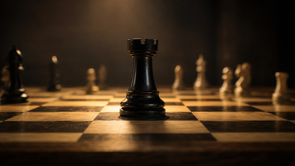 A black rook stands in sharp focus near the center of a chessboard, illuminated by warm light as other chess pieces blur in the background.