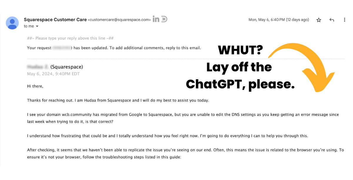 Squarespace Domains customer service experience. Lots of nonsense, no solutions.