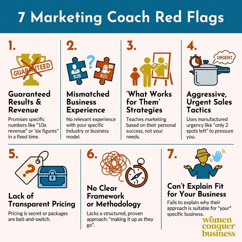 7 marketing coaching red flags. opaque pricing, can't explain fit, overly aggressive
