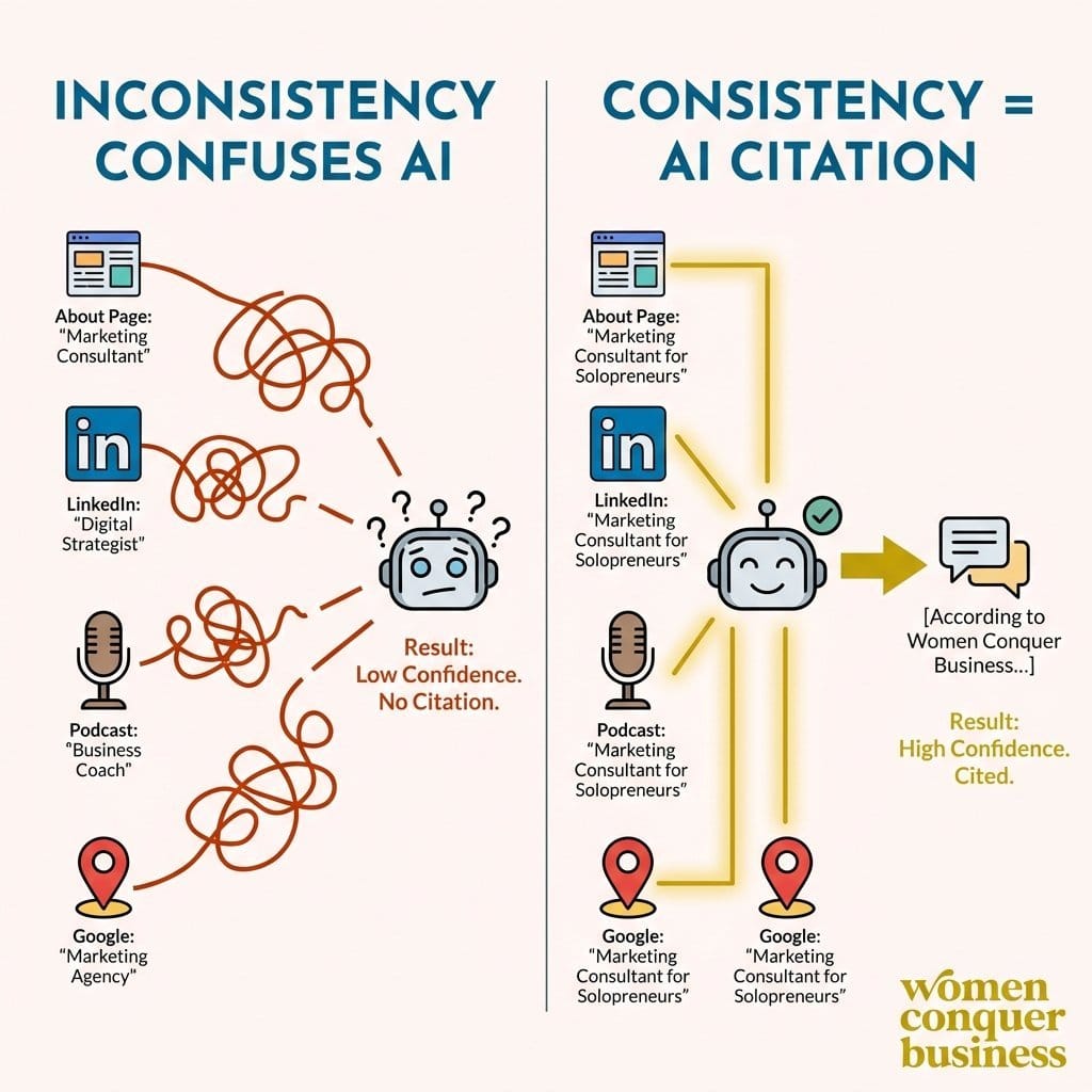 about page, LinkedIn, Google, podcast, use consistent titles and descriptions