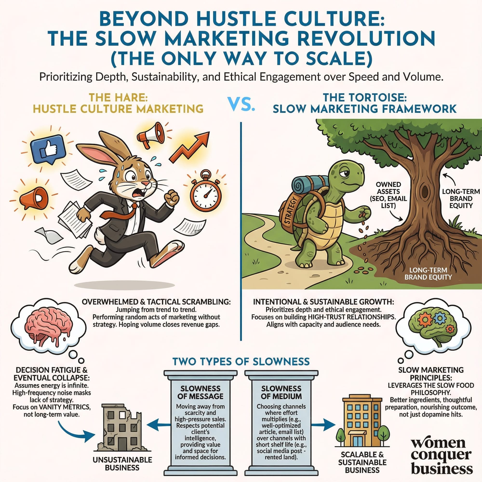 The tortoise and the hare. Hustle culture is the hare, slow marketing is the tortoise.