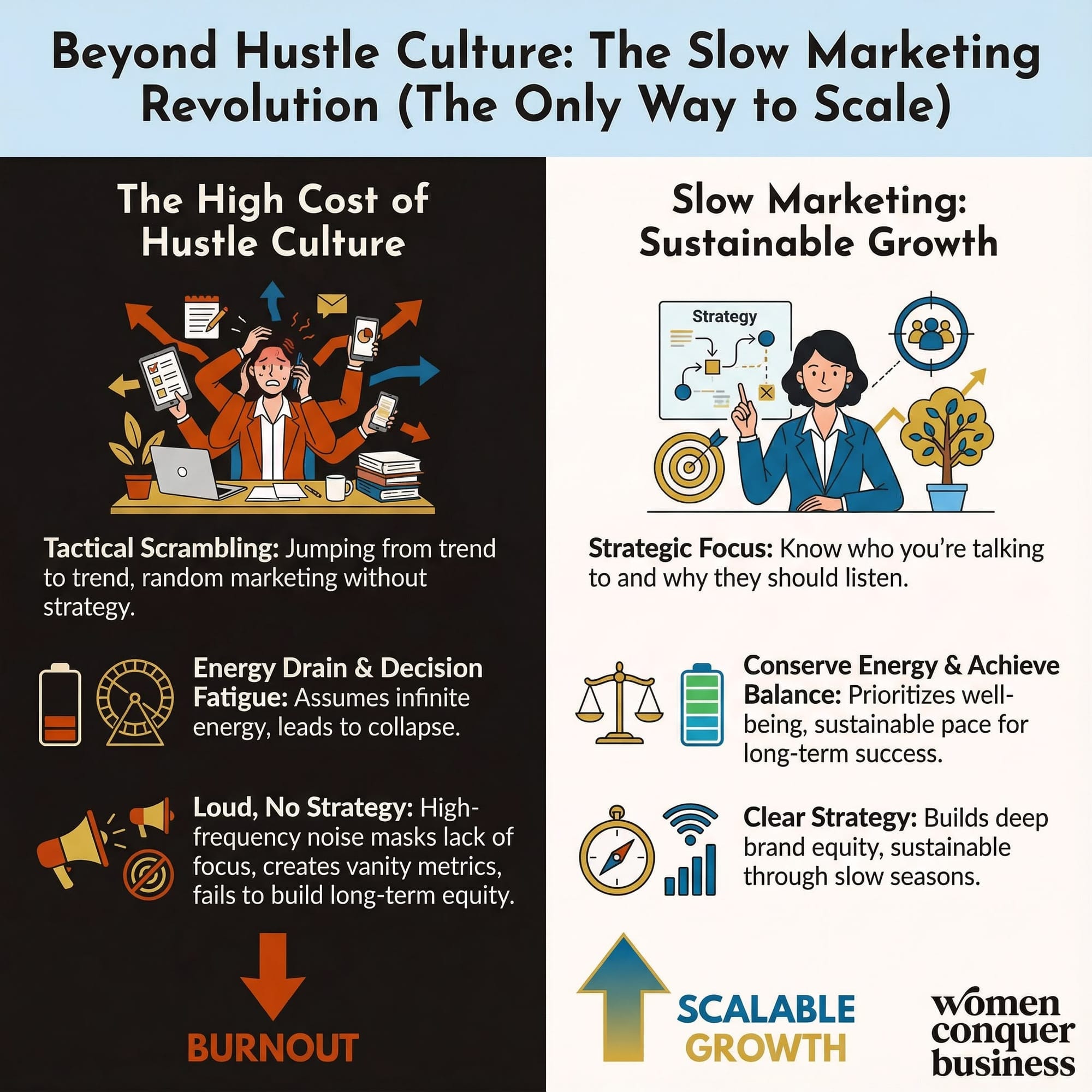 the high cost of hustle culture vs the sustainable business growth of slow marketing