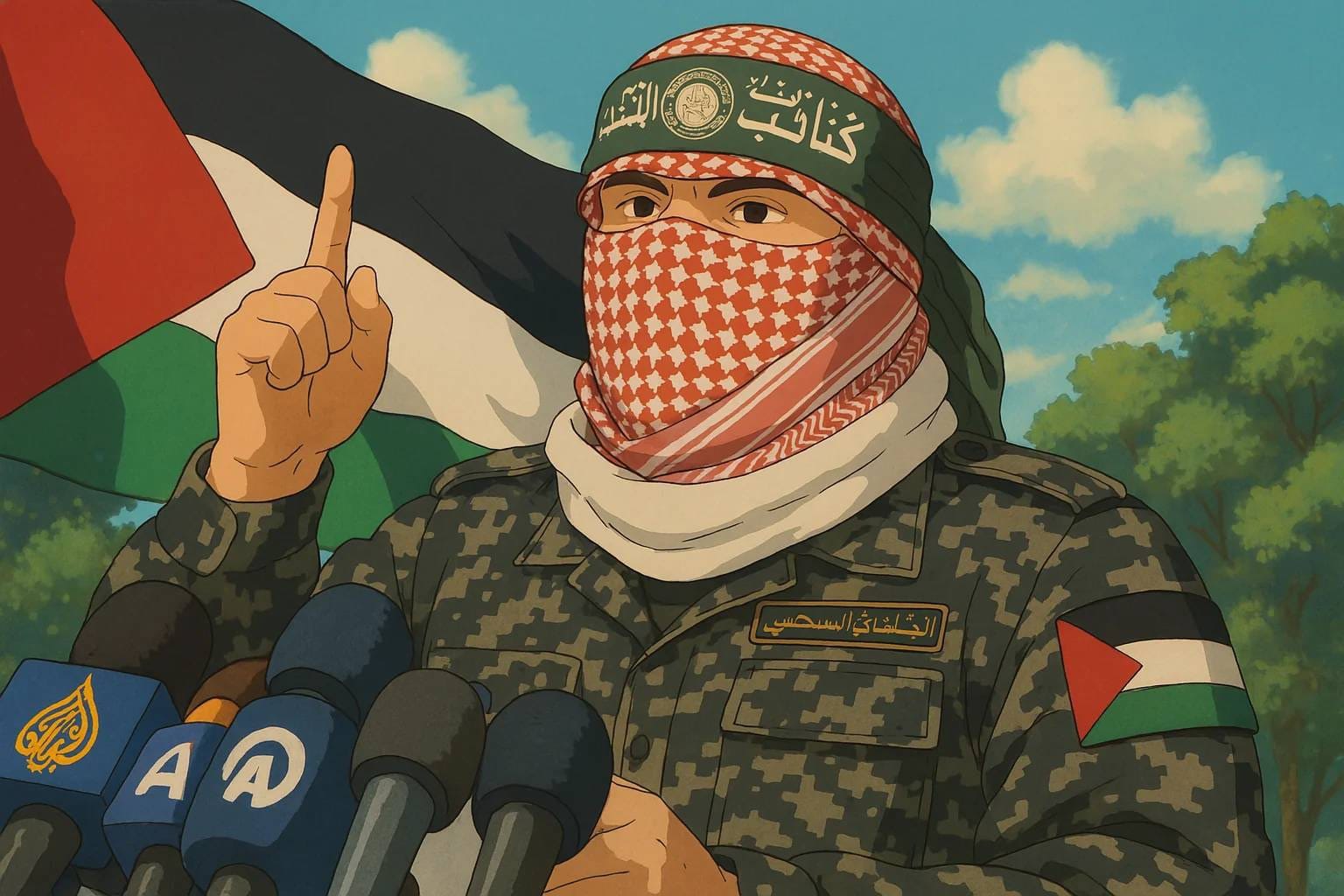 A masked figure in military uniform with a Palestinian flag patch addresses a press conference, surrounded by microphones from media outlets like Al Jazeera. A Palestinian flag waves in the background. The Ghibli-style image contrasts the seriousness of the political context with a disarmingly gentle visual style, highlighting how visual softness can reframe militant resistance as noble or palatable.