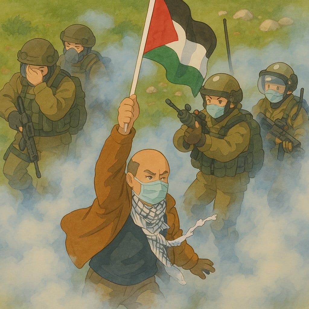 A protester, masked and wearing a keffiyeh, holds a Palestinian flag high amidst a cloud of tear gas. Around him, four armed soldiers in riot gear stand tensely, two aiming their weapons. Rendered in a gentle, Ghibli-style aesthetic, the image visually softens a high-stakes moment of resistance and repression, likely referencing real-life protests against Israeli occupation.