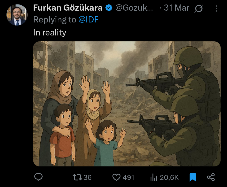A Ghibli-style AI-generated image portrays a Palestinian mother and three children standing in front of a war-torn urban backdrop, raising their hands in fear as two heavily armed soldiers aim rifles at them. The tweet captioned “In reality” critiques the use of stylized animation to mask the harshness of military violence against civilians, particularly in occupied or conflict zones.