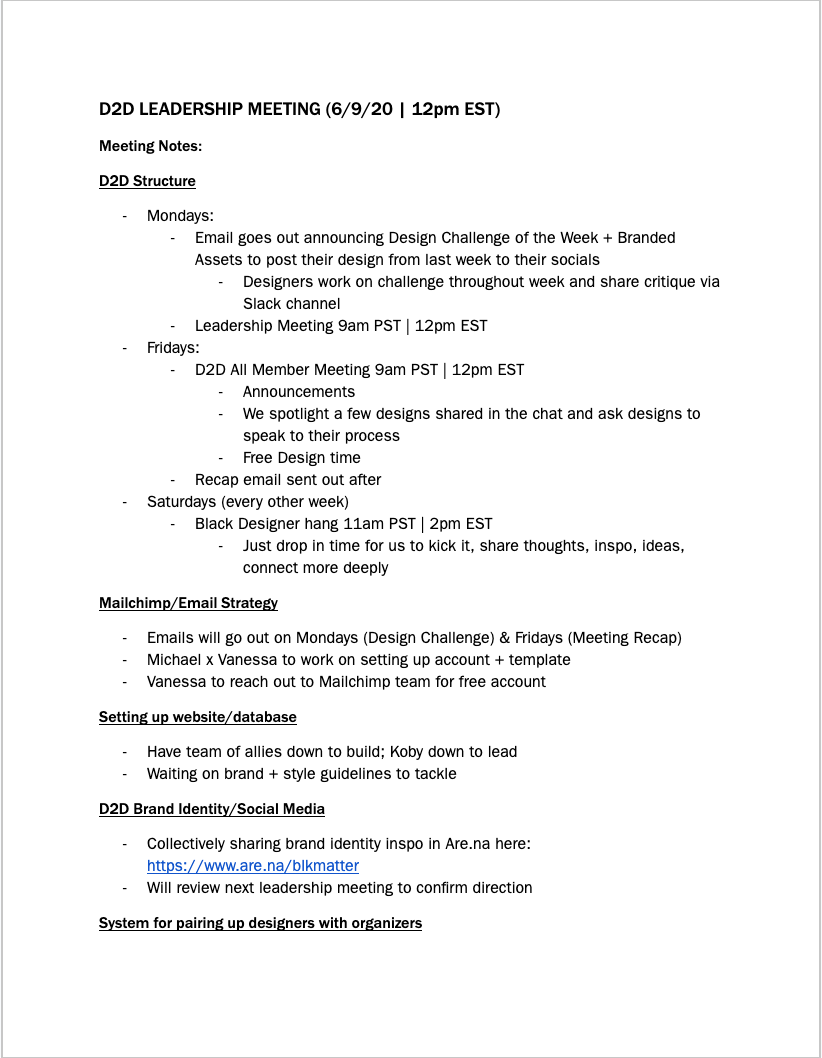 Screenshot of notes from our early days of organizing. Topics include: brand design, email strategy, brainstorming our weekly design challenge, and more.