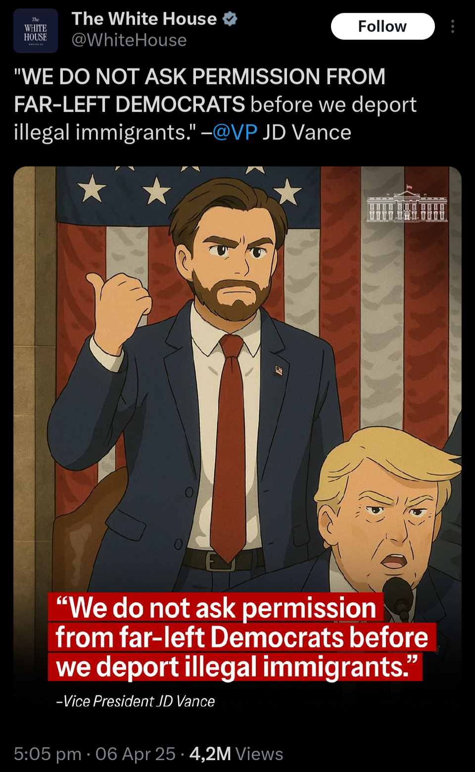 A post from X with an AI-generated image styled like Studio Ghibli features Vice President JD Vance standing at a podium in front of a U.S. flag, raising his fist with a stern expression. President Donald Trump is seated beside him. The tweet from the official White House account quotes Vance declaring they do not need “permission from far-left Democrats” to deport undocumented immigrants, promoting a hardline anti-immigration stance using soft, nostalgic animation aesthetics.
