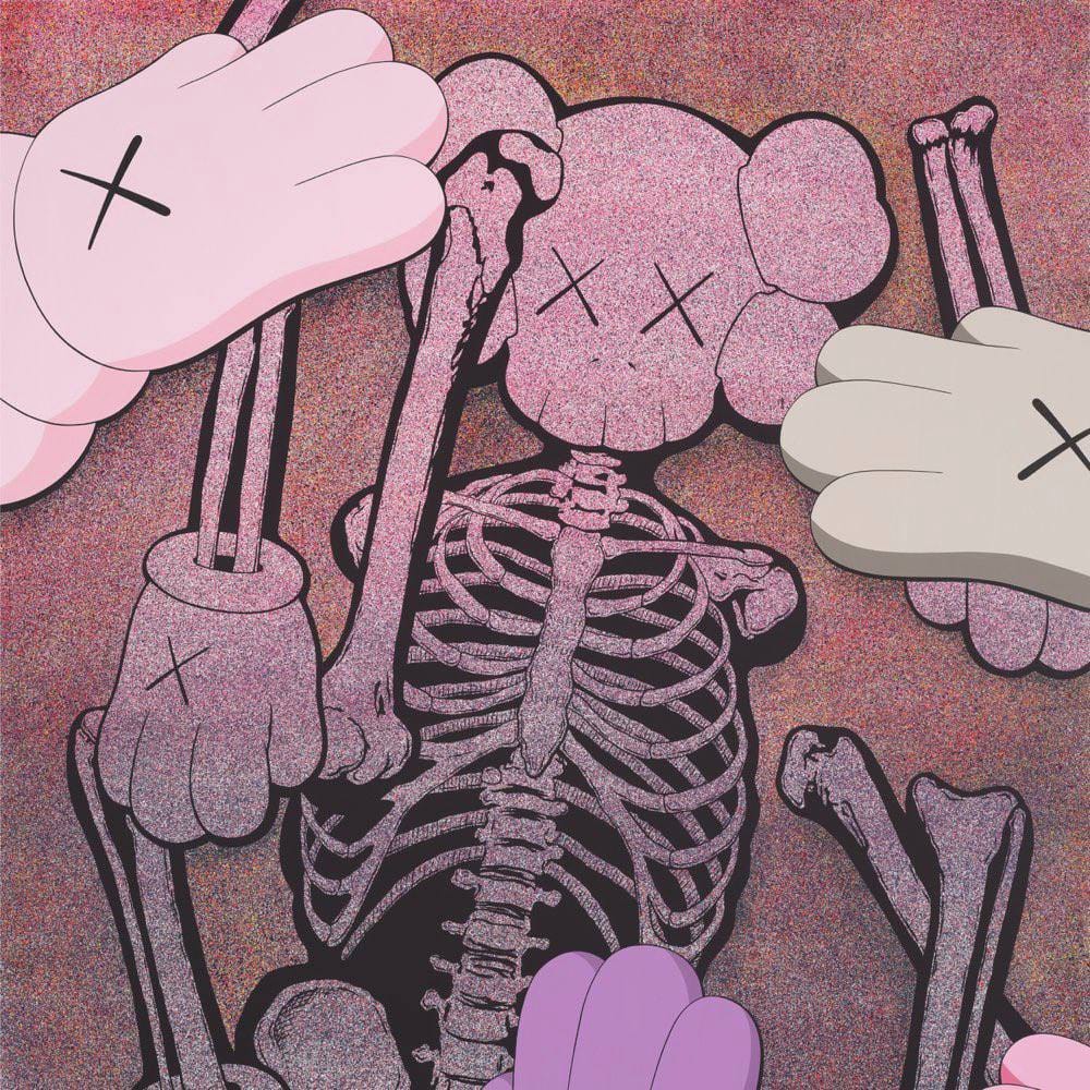 Cover art for Let God Sort ‘Em Out, featuring a skeleton with the KAWS head, and cartoon gloves holding the painting.