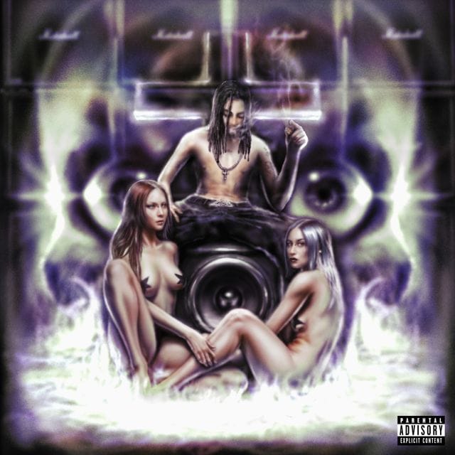 Cover art for REST IN BASS, depicting an airbrushed Che sitting on a speaker with two naked women sitting below him. The image creates a subtle skull shape.