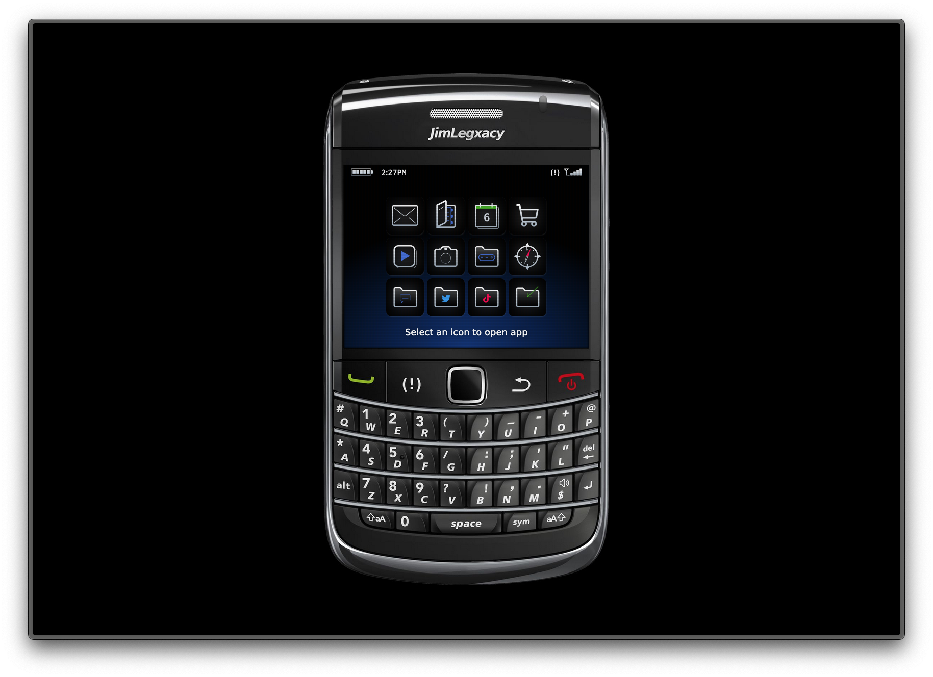 A screenshot of jimlegaxcy.com, which shows a Blackberry device that links to various parts of the site.