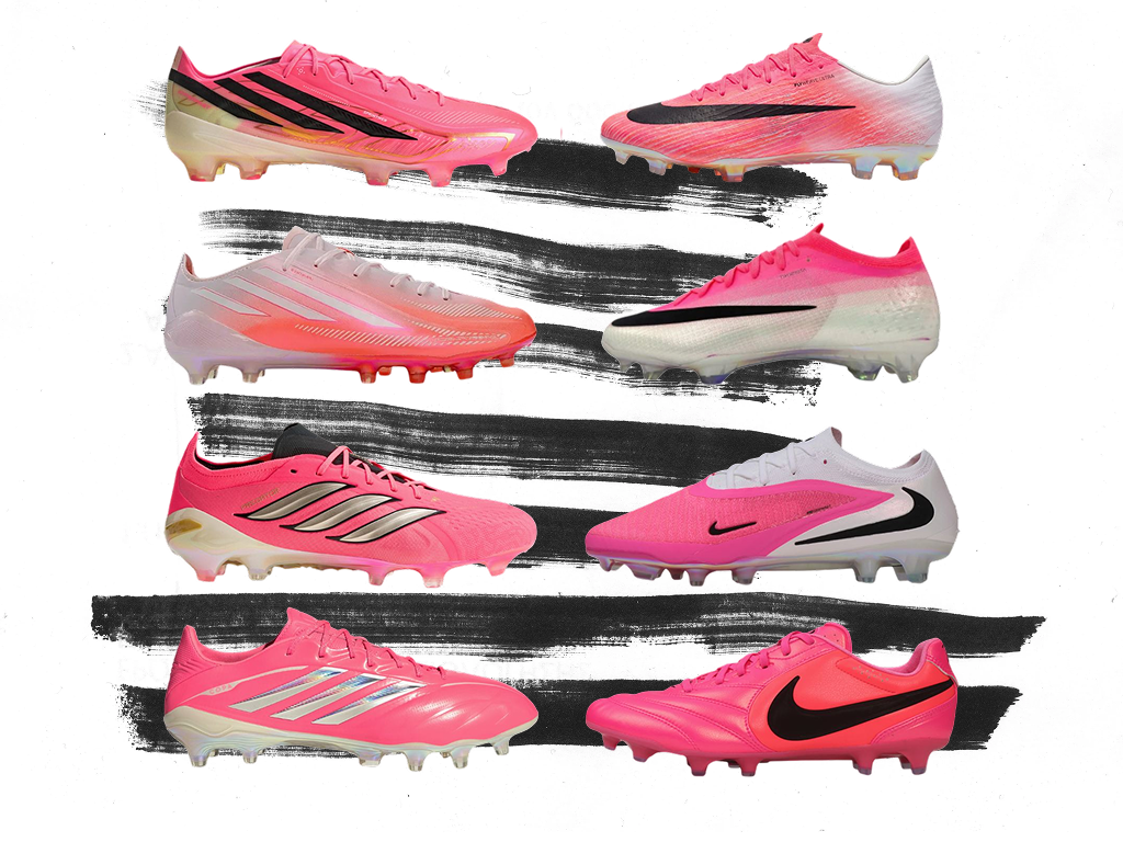 A collage of 8 different pink cleats, with Adidas versions on the left and Nike versions on the right.