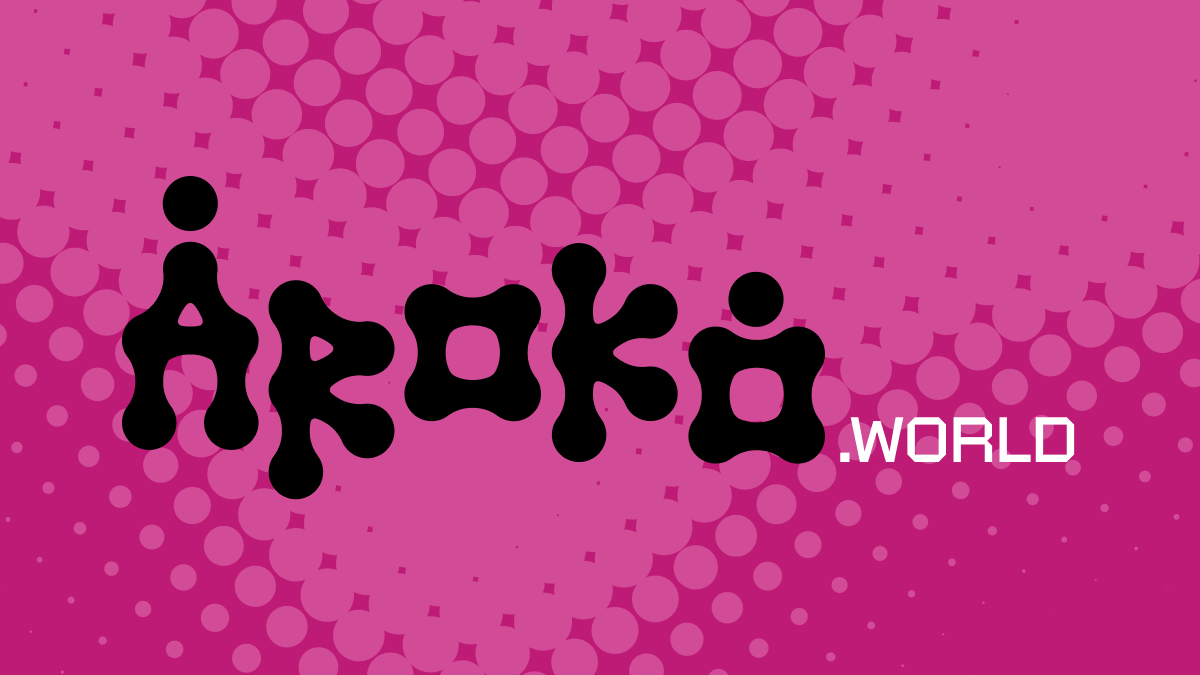 Type on a pink patterned background that reads "ÀRÒKO.WORLD" with "ÀRÒKO" in a black, larger, and bubbly typeface, and ".WORLD" in a smaller, white sans-serif typeface