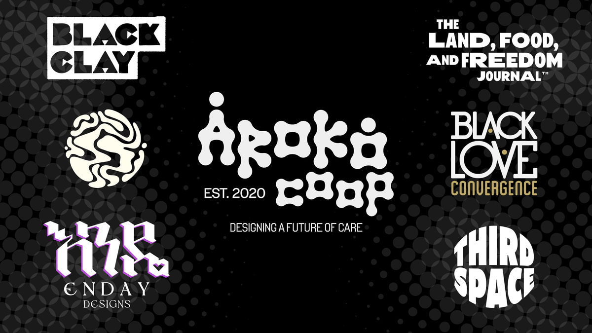 Collage of various logos designed by Aroko Cooperative on a black background.
