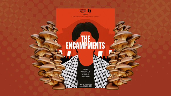 Collage of the poster for The Encampments, which shows an anonymous student wearing a keffiyeh around their shoulders, with the words "THE ENCAMPMENTS" across their face.