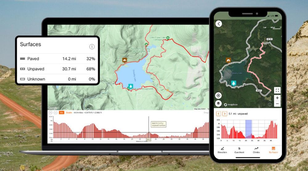 picture of phone and laptop showing screenshots of Ride with GPS new surface type feature