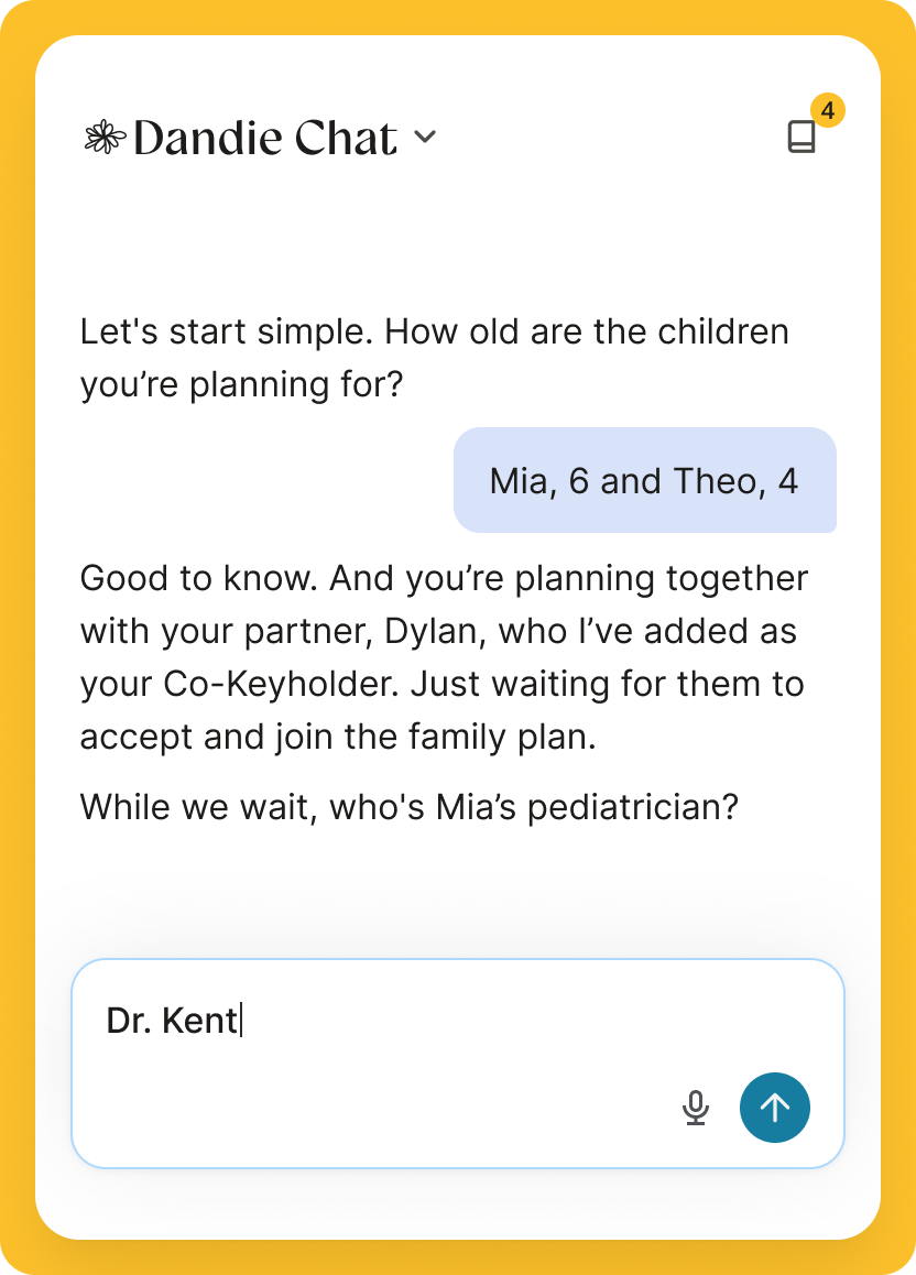 Dandie chatting in-app, gathering details about the family's children