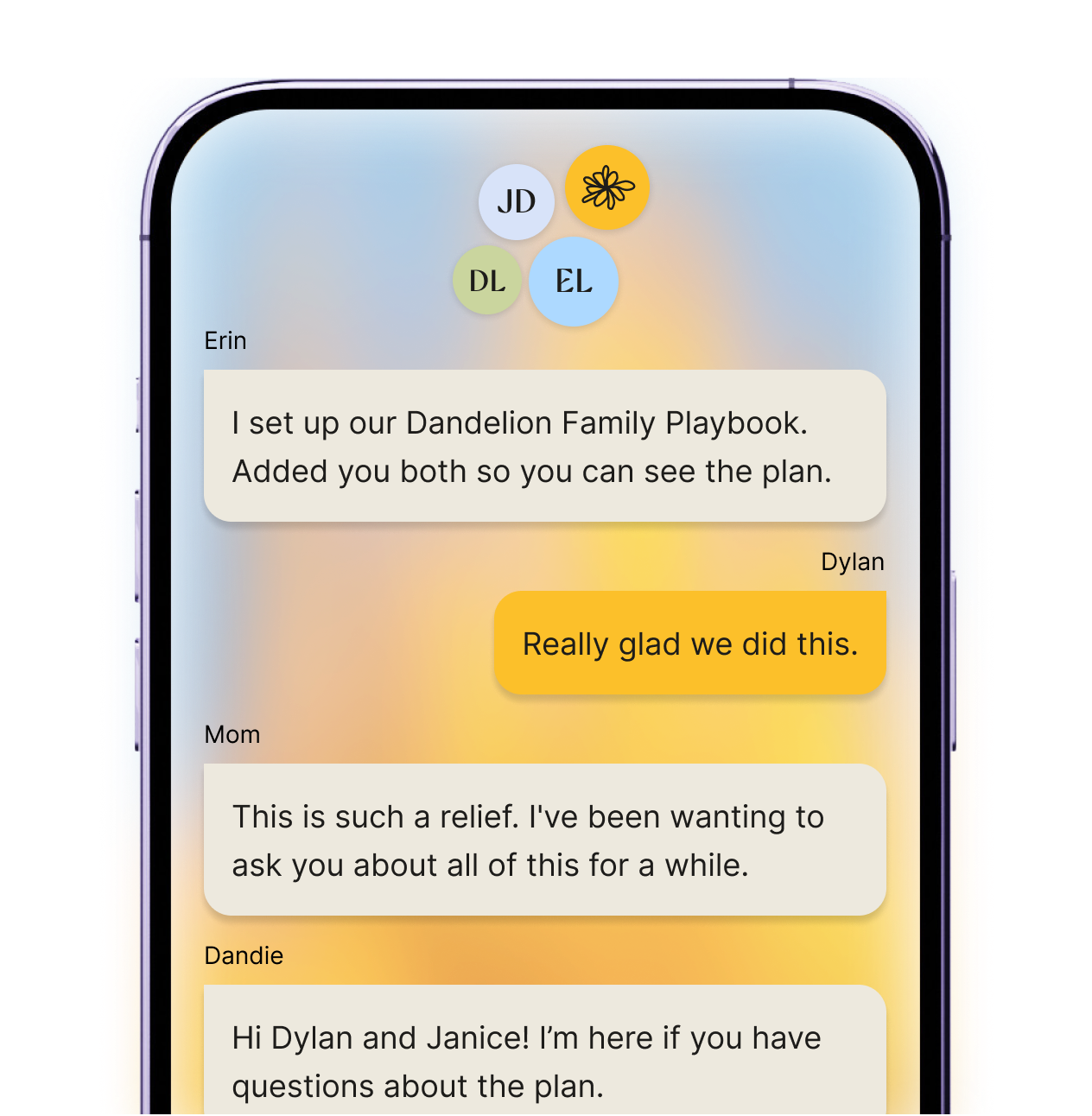 A phone showing a family group chat where Dandie helps share the details with the family